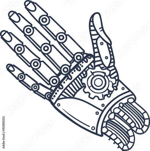 Detailed mechanical robotic hand illustration with gears and joints, futuristic cyborg technology drawing
