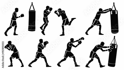 Dynamic Boxer Silhouettes Training With Punching Bag Fitness Workout Sports Action for Gym Websites and Health Promotion Materials