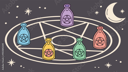Witchcraft Potion Bottles Arranged on Mystical Pentagram Circle for Occult Rituals and Magic Spells