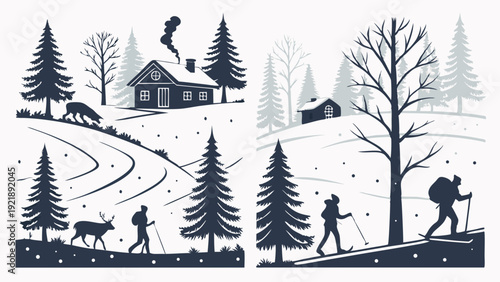Winter Cabin Scene with Cross Country Skiers Hiking Through Snowy Forest Landscape for Holiday Travel Web Design