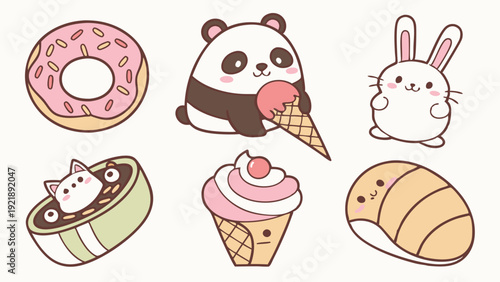 Cute Kawaii Food Icons for Kids Party Invitations Sweet Dessert Graphics for Cafe Menu Design and Fun Web Elements