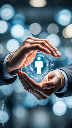 Human Resources and Talent Management Hands Holding a Glowing Human Icon Representing Recruitment and Protection of Employees in a Technological Environment