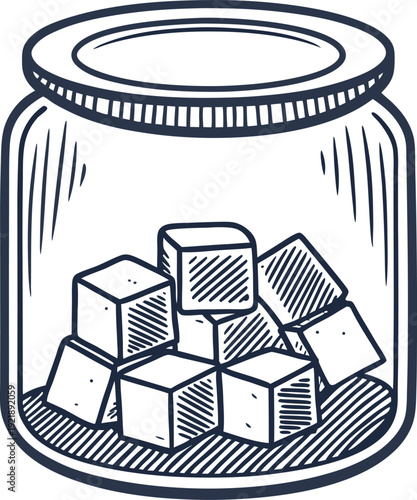 Glass jar filled with sugar cubes simple vintage illustration of sweetener container kitchen pantry storage concept