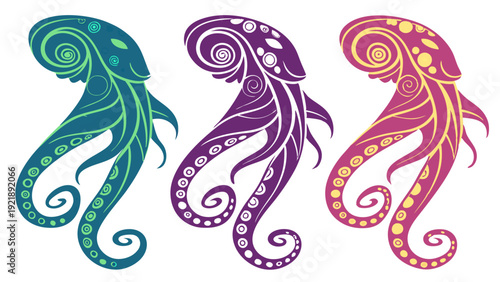 Ornate Tribal Octopus Set Sea Creature Tattoo Design Vibrant Ocean Graphics for Apparel Print