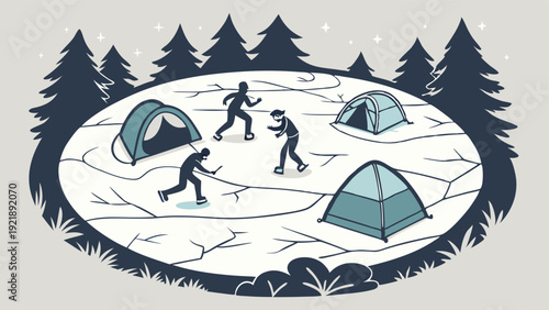 Winter Camping Adventure Danger Ice Cracking Scene for Outdoor Survival Travel Safety Illustration