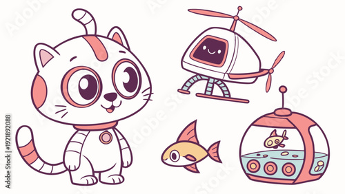 Cute Cartoon Cat Robot Pet with Spaceship Helicopter and Fish Tank for Kids App Design
