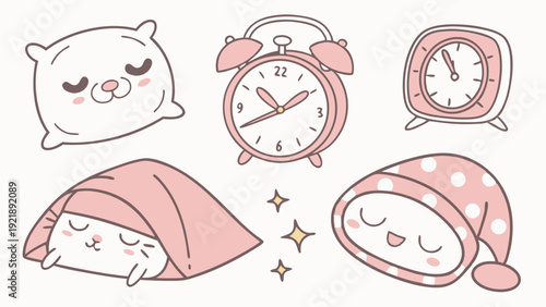 Cute Sleepy Animals Pillow Alarm Clock Bedtime Icons for Nursery Web Design Cozy Rest Illustration