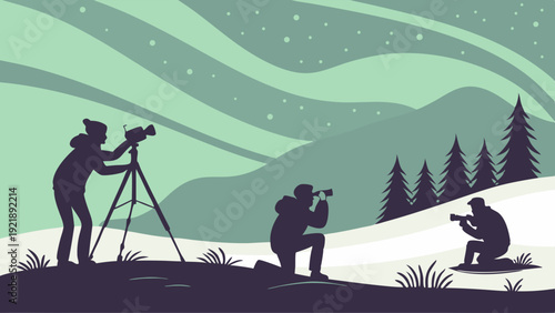 Silhouettes of Photographers Capturing Aurora Borealis Night Sky Landscape for Travel Documentary or Winter Stock Footage