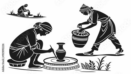 Artisan Potters Crafting Ceramics on Wheel for Traditional Handicraft E-commerce Website Design