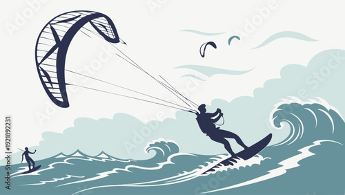 Dynamic Kitesurfing Action Silhouette Rider on Ocean Waves for Extreme Sports Travel Adventure Summer Vacation Web Design Banner