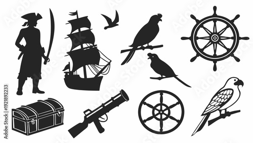 Pirate Silhouette Icons Set Treasure Map Adventure Game Design Elements for Kids Entertainment and Themed Events
