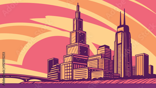 Vibrant Retro Sunset Skyline of Modern Cityscape for Travel Brochures or Web Design Backgrounds
