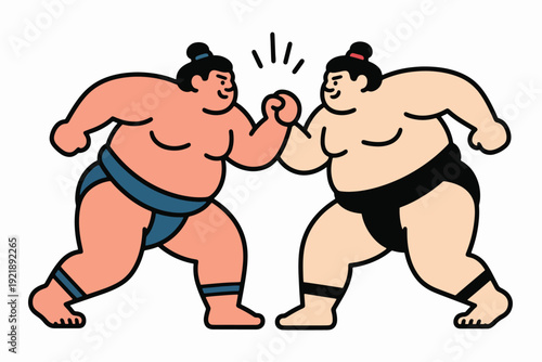 Illustration Of Two Sumo Wrestlers Competing, In A Ready Pose, White Background Vector Design Template