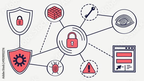 Cybersecurity Network Diagram Protecting Data with Padlocks Fingerprint Key Malware Warnings for IT Security Professionals