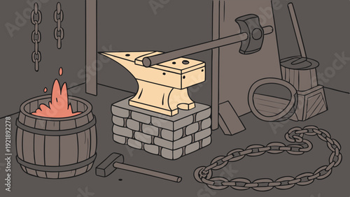 Rustic Blacksmith Forge Workshop with Anvil Hammer and Glowing Fire for Metalworking Craft Illustration