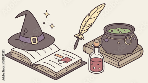 Witchcraft Potion Brewing Spell Book Cauldron Quill for Occult Halloween Magic Education Design Projects