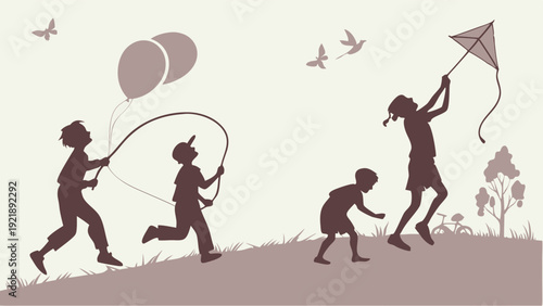 Joyful Children Silhouettes Running Outdoors Flying Kites and Balloons for Summer Vacation or Childhood Education Promotion