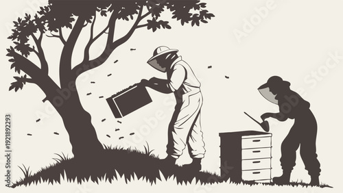 Beekeepers in Protective Suits Inspecting Hives Outdoors for Honey Production Agriculture Website Design Summer Harvest