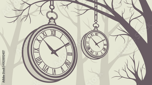 Vintage Pocket Watches Hanging from Bare Tree Branches in Mysterious Forest Setting for Time Management Design Projects