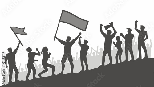 Silhouetted Crowd Climbing Uphill with Flags Cheering Victory for Social Movement Protest or Team Success