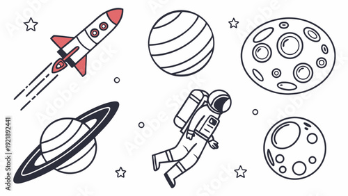 Space Exploration Icons Rocket Astronaut Planets Set for Kids Education Science Web Design Graphics