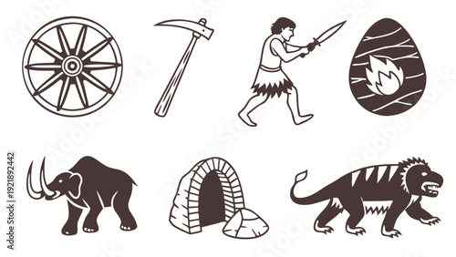 Prehistoric Stone Age Icons Mammoth Caveman Wheel Tools for History Education Website Design Timeline Graphic