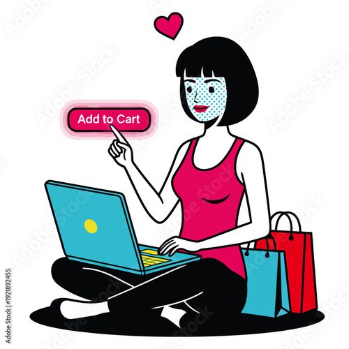 Woman shopping online, person sitting with a laptop clicking an add to cart button, e-commerce and digital store concept illustration isolated on a white background.