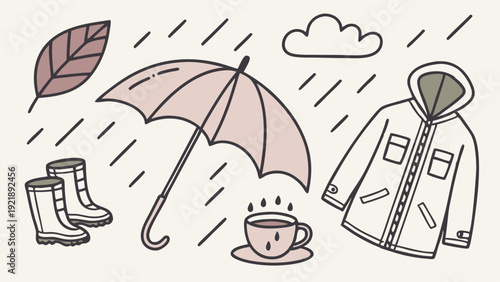 Cozy Autumn Rain Day Flat Lay with Umbrella Boots Jacket Hot Drink for Seasonal Blog Design Web Banners