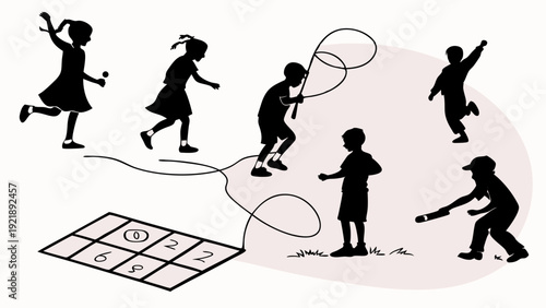 Children Silhouettes Playing Outdoors Jumping Rope Hopscotch Tag Energetic Childhood Recreation Summer Fun Activity Illustration