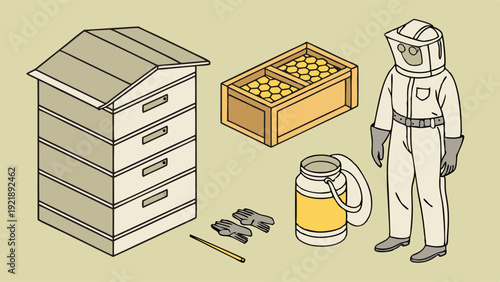 Beekeeper Protective Suit and Hive Equipment for Apiary Management and Honey Production Illustration