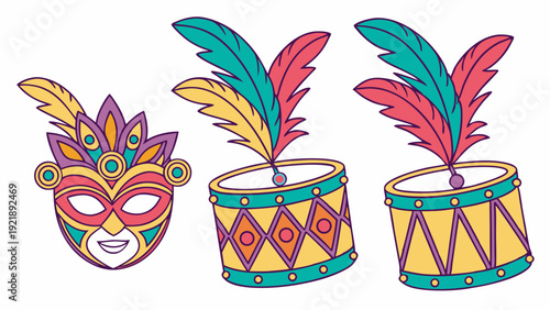 Vibrant Carnival Mask and Festive Drums Illustration for Mardi Gras Party Celebration Design