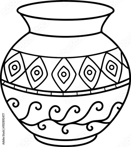 Decorative ceramic pot with geometric and swirl pattern outline drawing