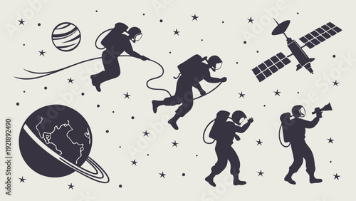 Astronaut Spacewalk Silhouettes Exploring Planets and Satellite for Science Web Design and Exploration Projects