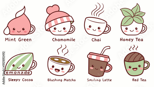 Cute Kawaii Hot Drink Collection for Cafe Menu Design Cozy Tea and Coffee Characters Perfect for Food Blog Graphics