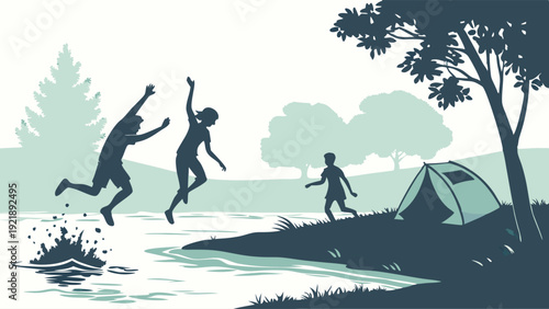 Summer Camping Adventure Joyful Silhouettes Jumping Into River for Vacation Travel Website Banner