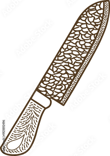 Detailed kitchen knife illustration with textured handle and patterned blade design