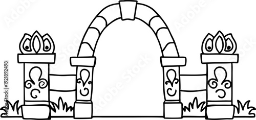Decorative garden arched gate with pillars and ornamental floral patterns line art