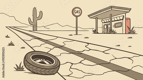 Desert Road Trip Breakdown Stuck Tire Near Empty Gas Station Illustration for Travel Failure Loss Urgency