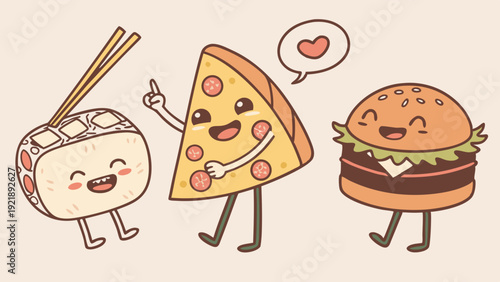 Cute Kawaii Food Characters Sushi Pizza Burger Happy Eating Promotion for Restaurant Menu Design or Kids Party Invitation