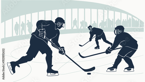 Intense Ice Hockey Game Action Silhouette Players Competing for Puck on Rink for Sports Web Design or Winter Promotion