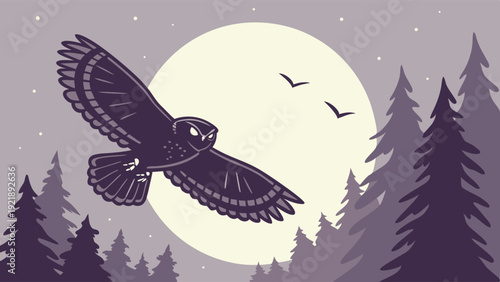 Nocturnal Owl Flying Across Full Moon Over Dark Pine Forest Landscape for Eerie Wildlife Design