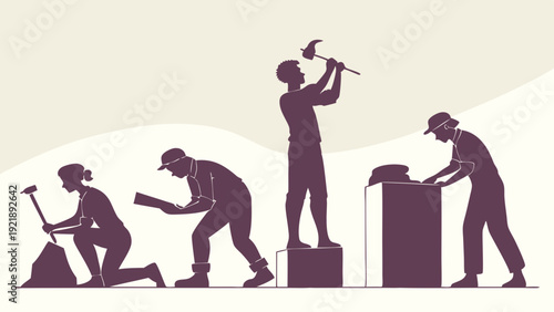 Silhouetted Workers Progress Through Stages of Manual Labor and Skill Development for Industry Growth
