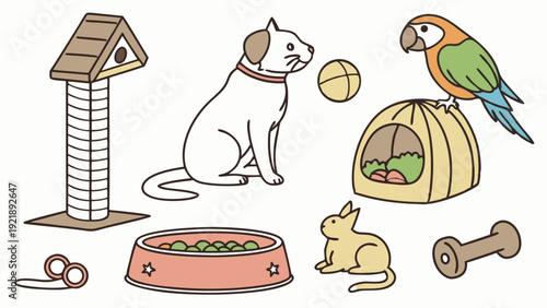 Cute Pet Supplies and Animals Illustration for Vet Clinic Web Design or Happy Animal Shelter Ad Campaign