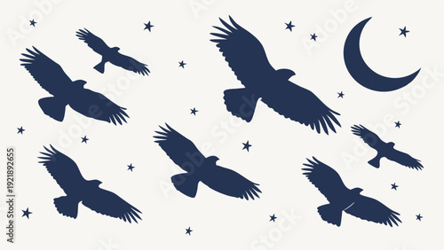 Night Sky Flight of Eagles Silhouettes Under Crescent Moon for Travel Adventure Branding or Mystical Website Design Background