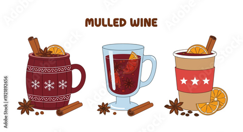 Festive assortment of three mulled wine beverages in decorative mugs and glasses garnished with orange slices cinnamon sticks star anise and coffee beans evoking a cozy winter holiday atmosphere