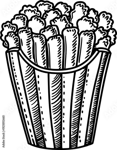 Bucket filled with popcorn, striped container with crispy snack and handle design