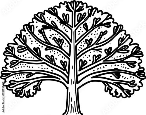 Stylized black and white tree illustration with thick branches and decorative foliage design
