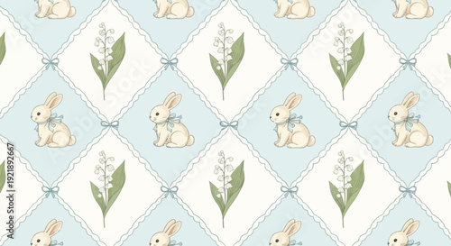 Charming seamless pattern featuring adorable watercolor bunnies and delicate lily of the valley flowers arranged in a diamond quilt design evoking a whimsical springtime celebration and easter