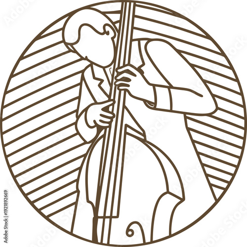 Silhouette of jazz musician playing double bass with diagonal striped circular background