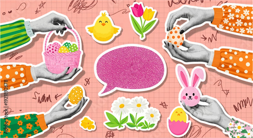 Whimsical easter celebration collage featuring hands crafting decorated eggs holding a basket of colorful easter eggs and placing a chick in an egg surrounded by cute chicks tulips daisies and a pink